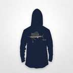 Navy "Jew fish" sailfish sun hoodie, back view: sailfish in a kippah and Star of David chain, printed 12 inches wide