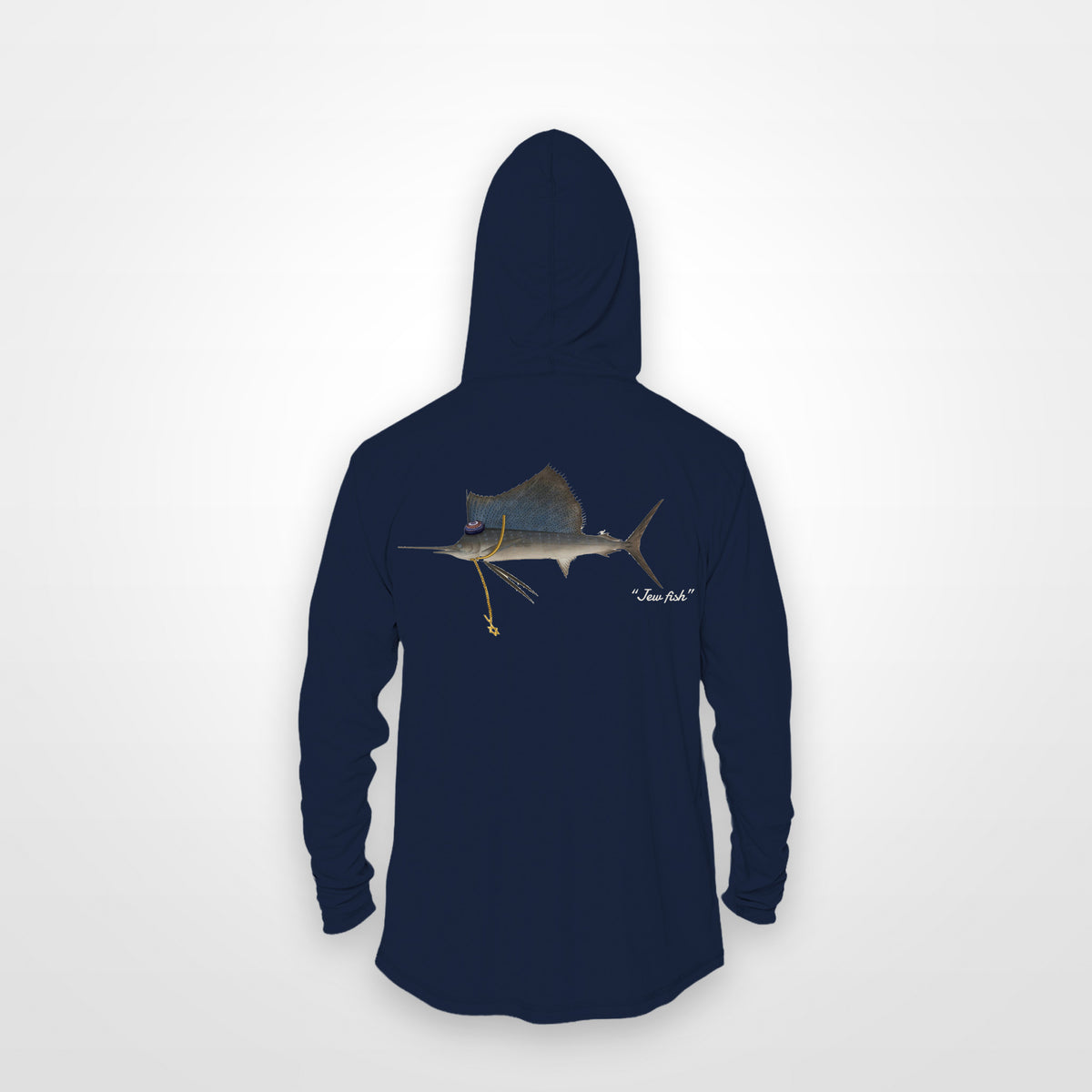 Navy "Jew fish" sailfish sun hoodie, back view: sailfish in a kippah and Star of David chain, printed 12 inches wide