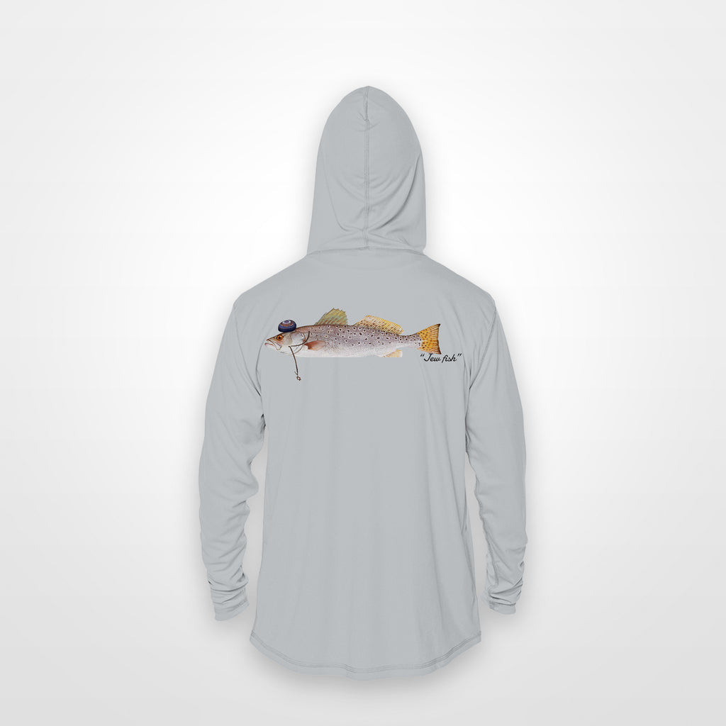 Light Grey "Jew fish" speckled trout sun hoodie, back view: speckled trout in a kippah and Star of David chain, printed 12 inches wide