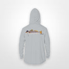 Light Grey "Jew fish" speckled trout sun hoodie, back view: speckled trout in a kippah and Star of David chain, printed 12 inches wide