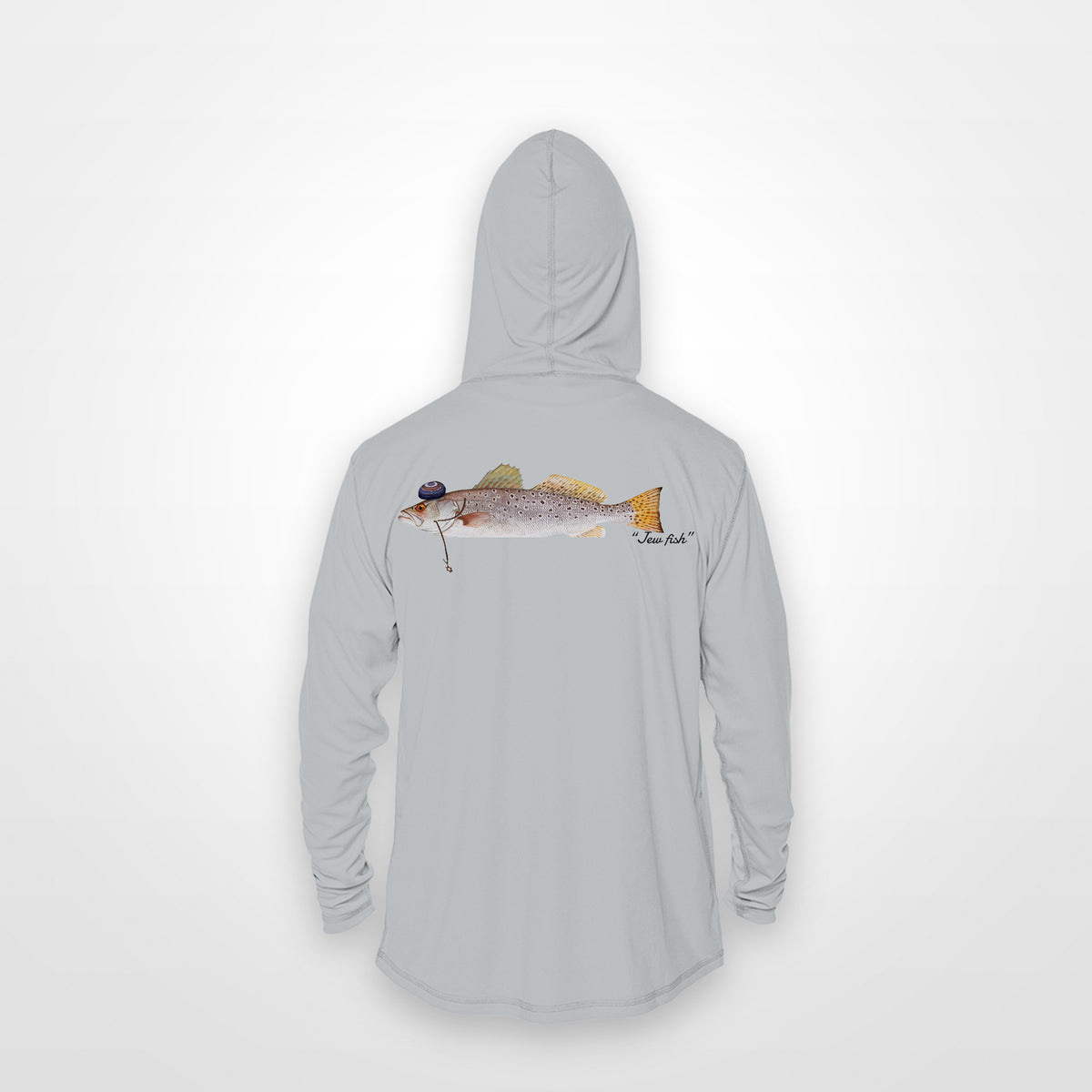 Light Grey "Jew fish" speckled trout sun hoodie, back view: speckled trout in a kippah and Star of David chain, printed 12 inches wide
