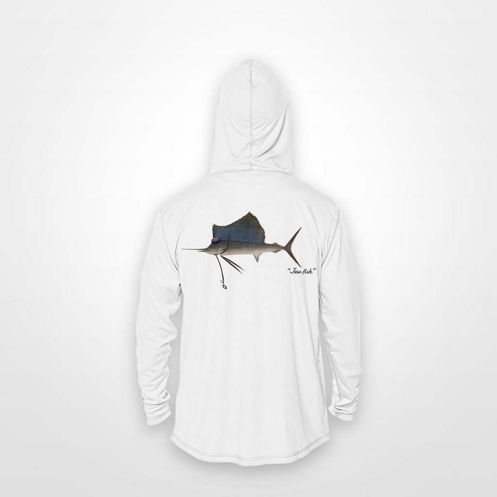 White "Jew fish" sailfish sun hoodie, back view: sailfish in a kippah and Star of David chain, printed 12 inches wide