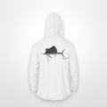 White "Jew fish" sailfish sun hoodie, back view: sailfish in a kippah and Star of David chain, printed 12 inches wide