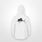 White "Jew fish" sailfish sun hoodie, back view: sailfish in a kippah and Star of David chain, printed 12 inches wide