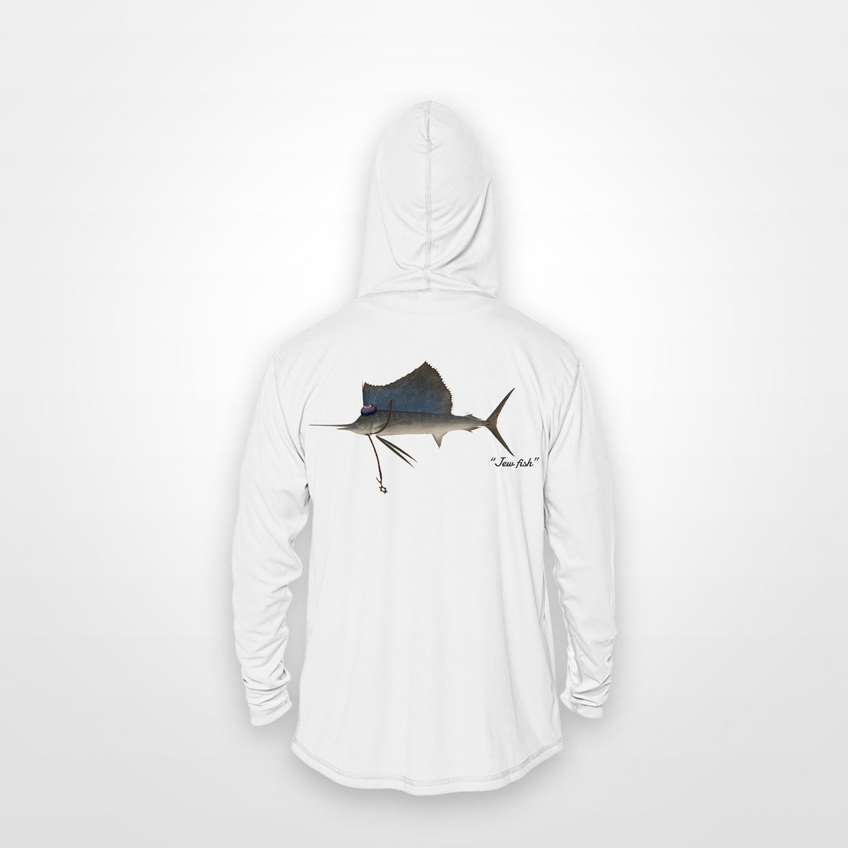 White "Jew fish" sailfish sun hoodie, back view: sailfish in a kippah and Star of David chain, printed 12 inches wide