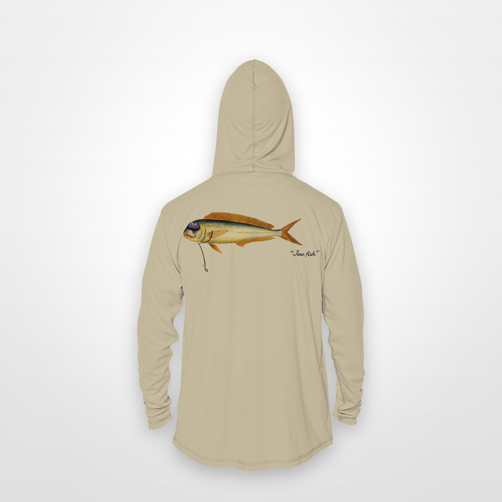 Sand "Jew fish" mahi sun hoodie, back view: mahi in a kippah and Star of David chain, printed 12 inches wide