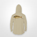 Sand "Jew fish" mahi sun hoodie, back view: mahi in a kippah and Star of David chain, printed 12 inches wide