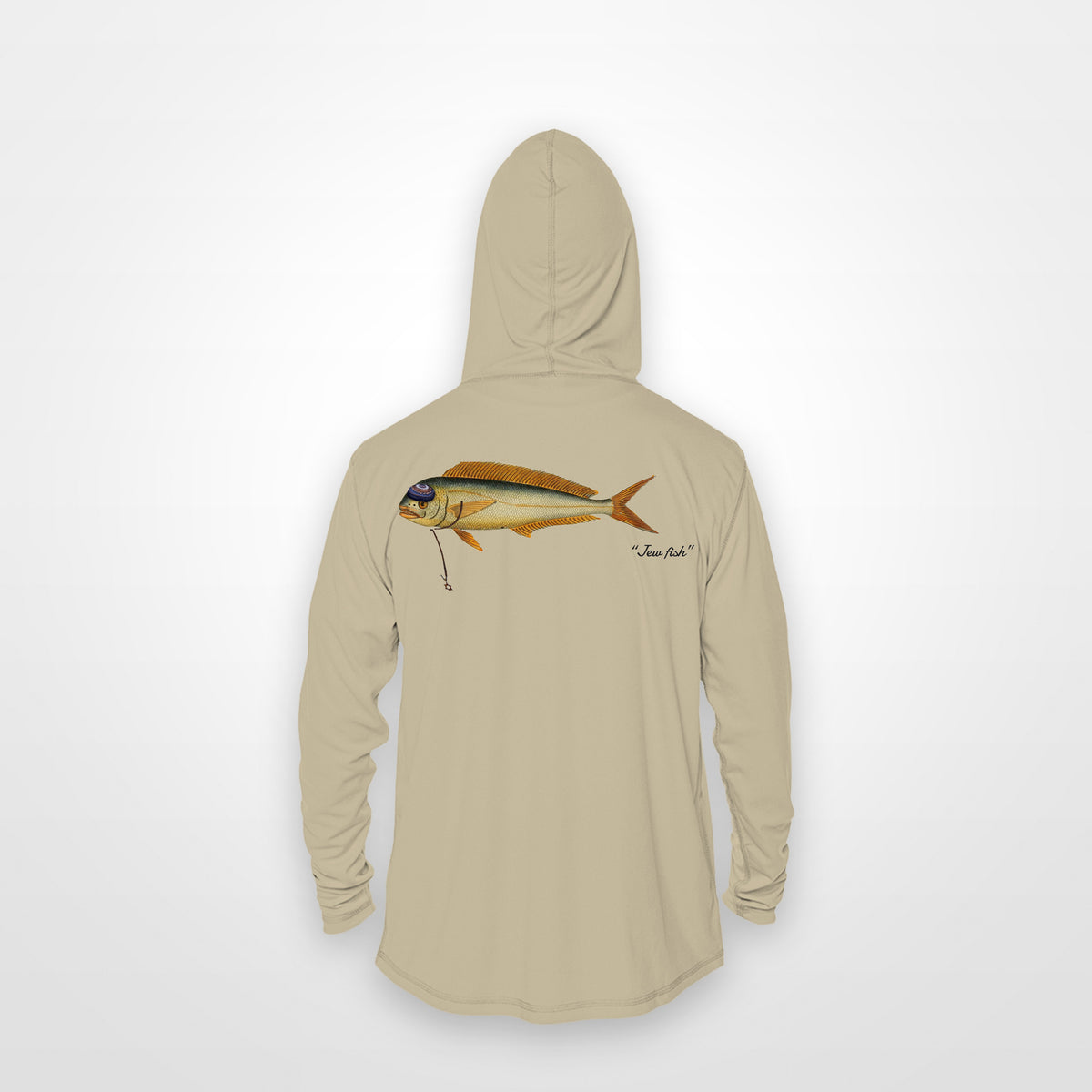 Sand "Jew fish" mahi sun hoodie, back view: mahi in a kippah and Star of David chain, printed 12 inches wide