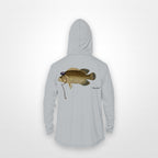 Light Grey "Jew fish" tripletail sun hoodie, back view: tripletail in a kippah and Star of David chain, printed 12 inches wide