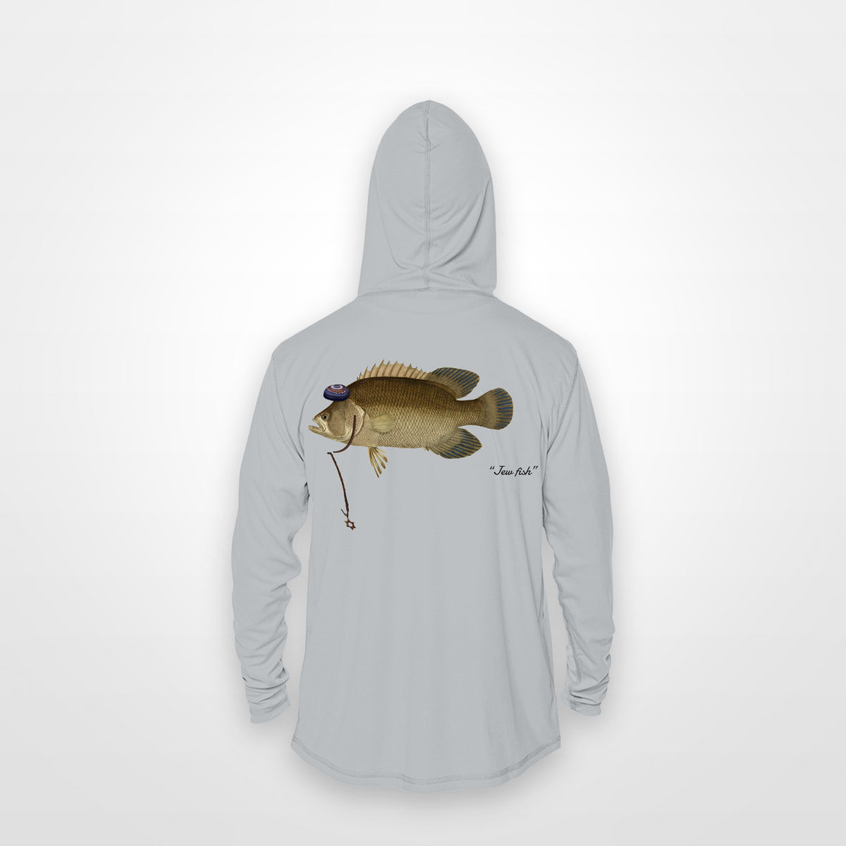 Light Grey "Jew fish" tripletail sun hoodie, back view: tripletail in a kippah and Star of David chain, printed 12 inches wide