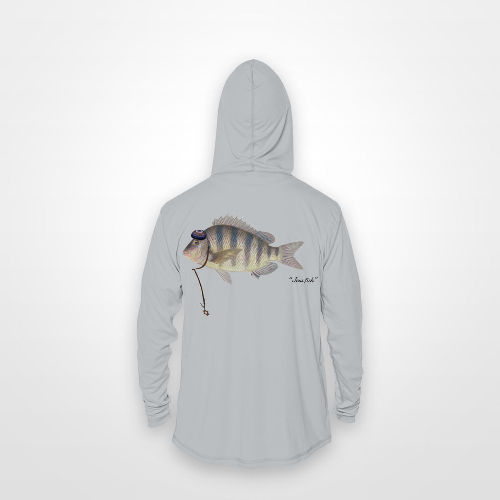 Light Grey "Jew fish" sheepshead sun hoodie, back view: sheepshead in a kippah and Star of David chain, printed 12 inches wide