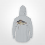 Light Grey "Jew fish" sheepshead sun hoodie, back view: sheepshead in a kippah and Star of David chain, printed 12 inches wide