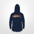 Navy "Jew fish" redfish sun hoodie, back view: redfish in a kippah and Star of David chain, printed 12 inches wide