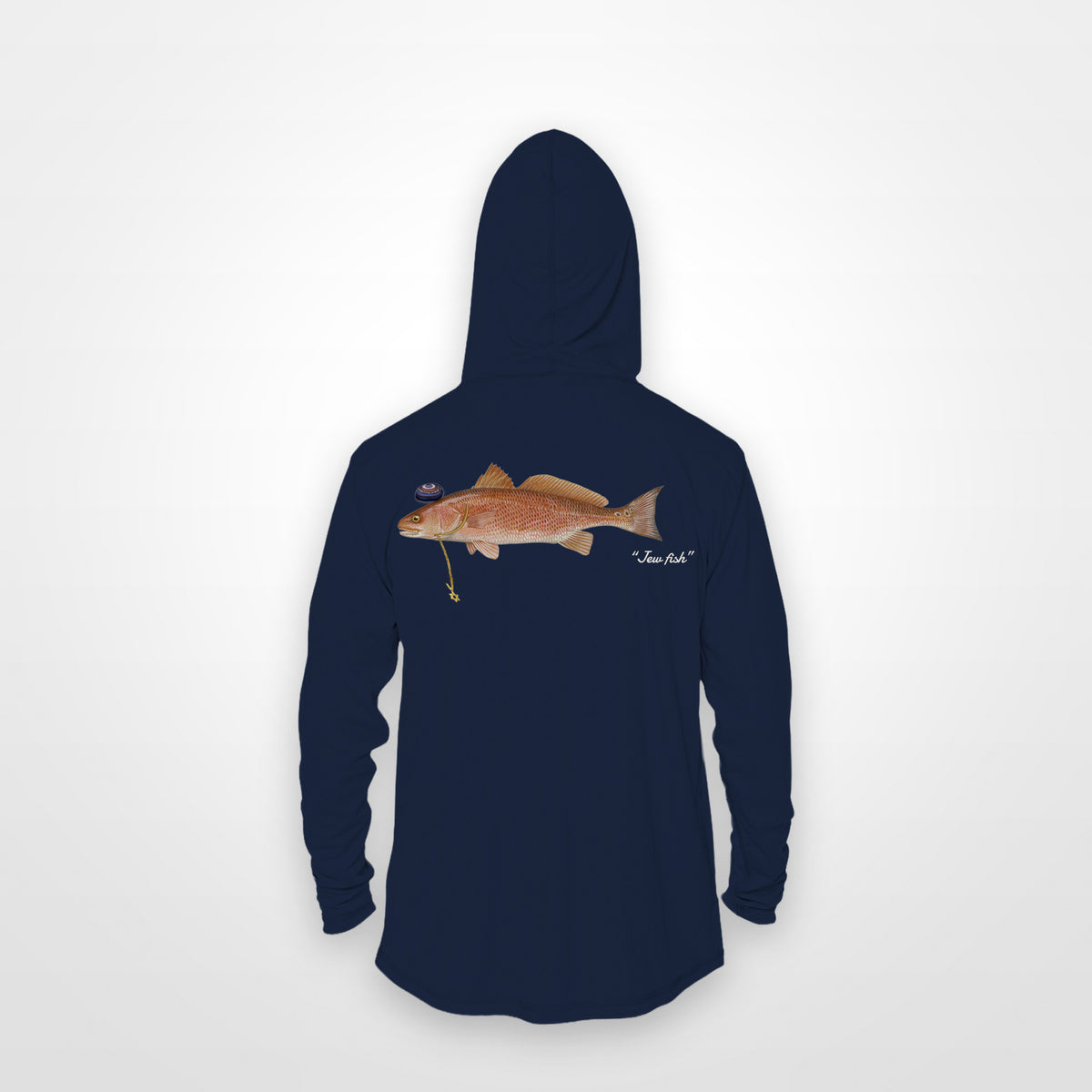 Navy "Jew fish" redfish sun hoodie, back view: redfish in a kippah and Star of David chain, printed 12 inches wide