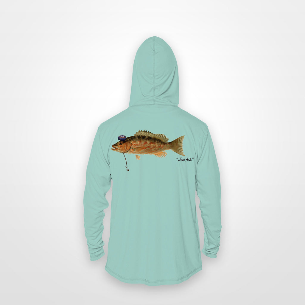 Seafoam "Jew fish" mangrove snapper sun hoodie, back view: mangrove snapper in a kippah and Star of David chain, printed 12 inches wide