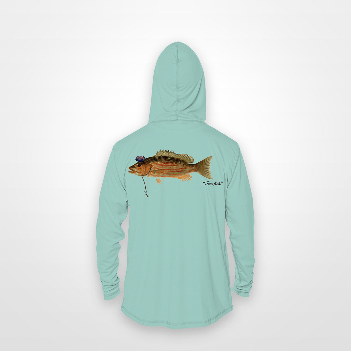 Seafoam "Jew fish" mangrove snapper sun hoodie, back view: mangrove snapper in a kippah and Star of David chain, printed 12 inches wide