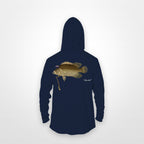 Navy "Jew fish" tripletail sun hoodie, back view: tripletail in a kippah and Star of David chain, printed 12 inches wide