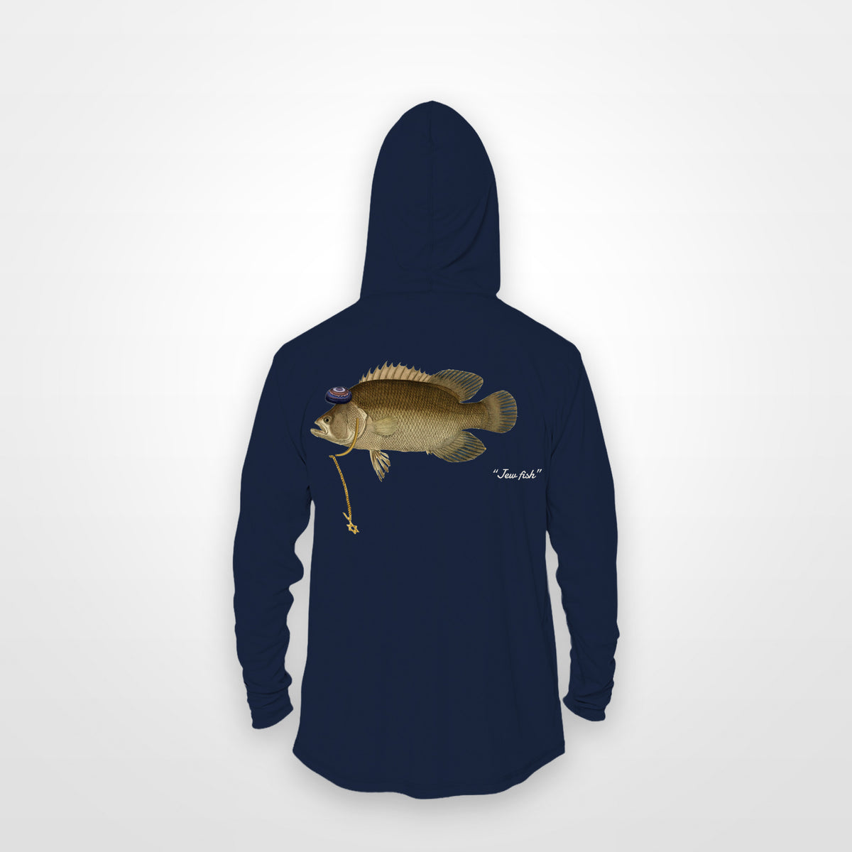 Navy "Jew fish" tripletail sun hoodie, back view: tripletail in a kippah and Star of David chain, printed 12 inches wide