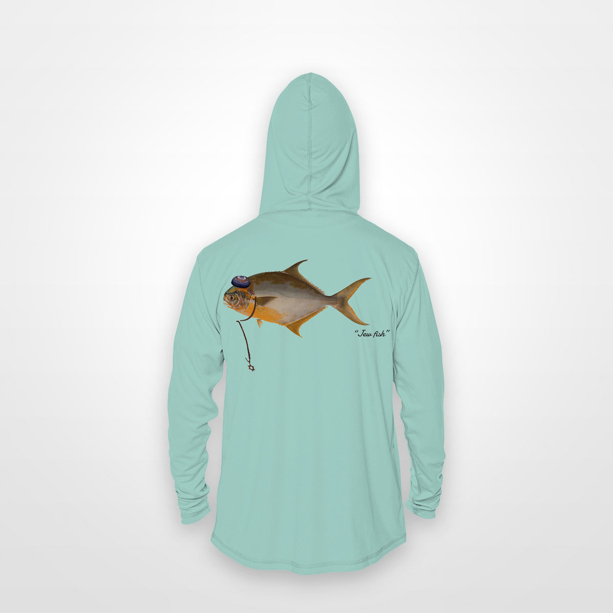 Seafoam "Jew fish" pompano sun hoodie, back view: pompano in a kippah and Star of David chain, printed 12 inches wide