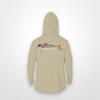 Sand "Jew fish" speckled trout sun hoodie, back view: speckled trout in a kippah and Star of David chain, printed 12 inches wide