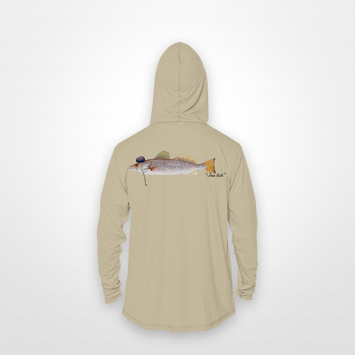 Sand "Jew fish" speckled trout sun hoodie, back view: speckled trout in a kippah and Star of David chain, printed 12 inches wide