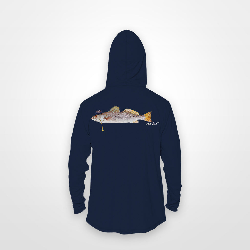 Navy "Jew fish" speckled trout sun hoodie, back view: speckled trout in a kippah and Star of David chain, printed 12 inches wide