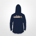 Navy "Jew fish" speckled trout sun hoodie, back view: speckled trout in a kippah and Star of David chain, printed 12 inches wide