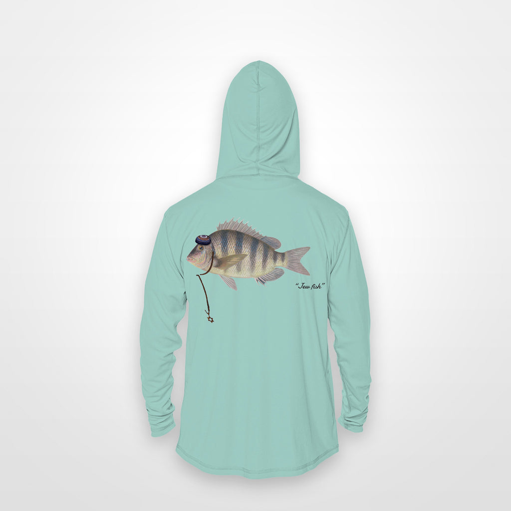 Seafoam "Jew fish" sheepshead sun hoodie, back view: sheepshead in a kippah and Star of David chain, printed 12 inches wide