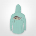 Seafoam "Jew fish" sheepshead sun hoodie, back view: sheepshead in a kippah and Star of David chain, printed 12 inches wide