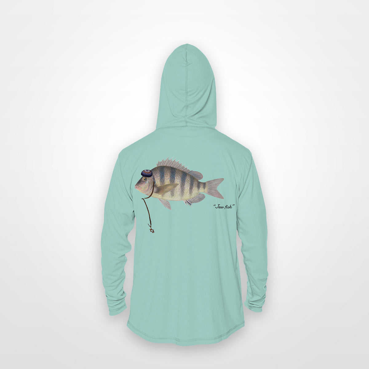 Seafoam "Jew fish" sheepshead sun hoodie, back view: sheepshead in a kippah and Star of David chain, printed 12 inches wide