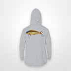 Light Grey "Jew fish" mahi sun hoodie, back view: mahi in a kippah and Star of David chain, printed 12 inches wide