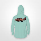 Seafoam "Jew fish" Goliath grouper sun hoodie, back view: Goliath grouper in a kippah and Star of David chain, printed 12 inches wide