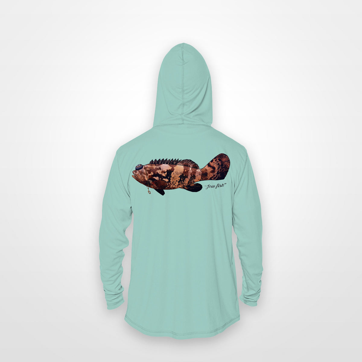 Seafoam "Jew fish" Goliath grouper sun hoodie, back view: Goliath grouper in a kippah and Star of David chain, printed 12 inches wide