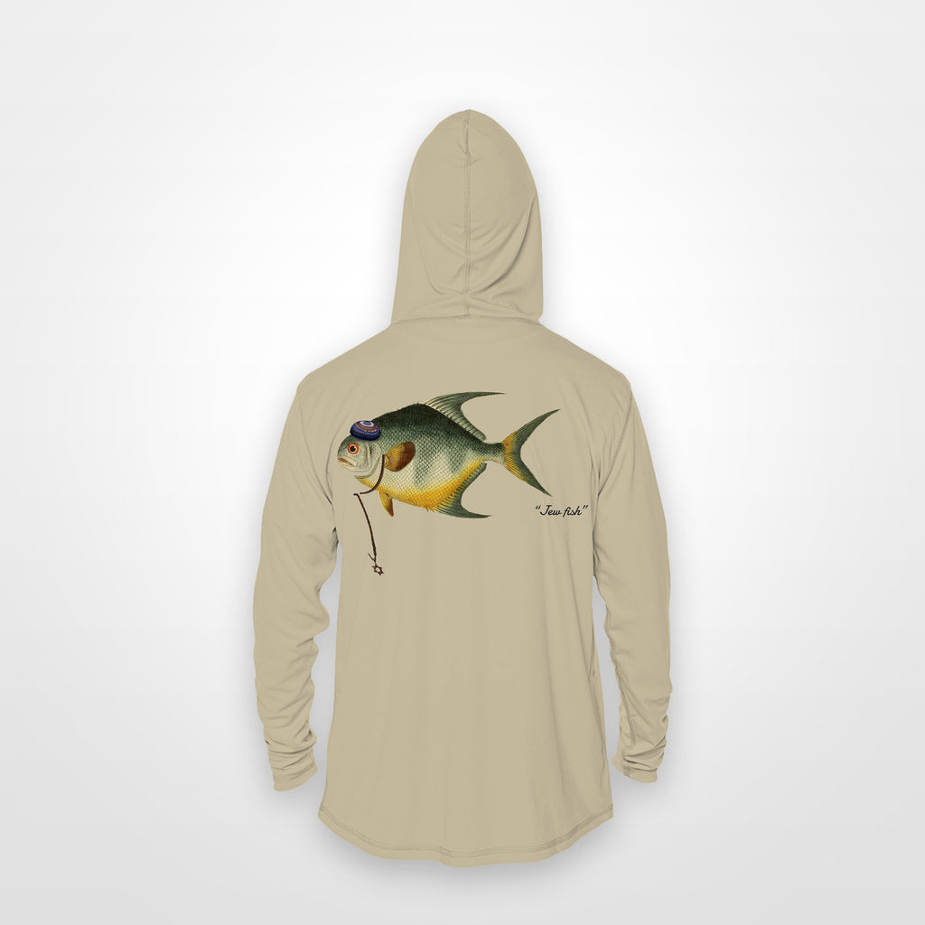 Sand "Jew fish" permit sun hoodie, back view: permit in a kippah and Star of David chain, printed 12 inches wide