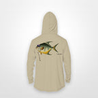 Sand "Jew fish" permit sun hoodie, back view: permit in a kippah and Star of David chain, printed 12 inches wide