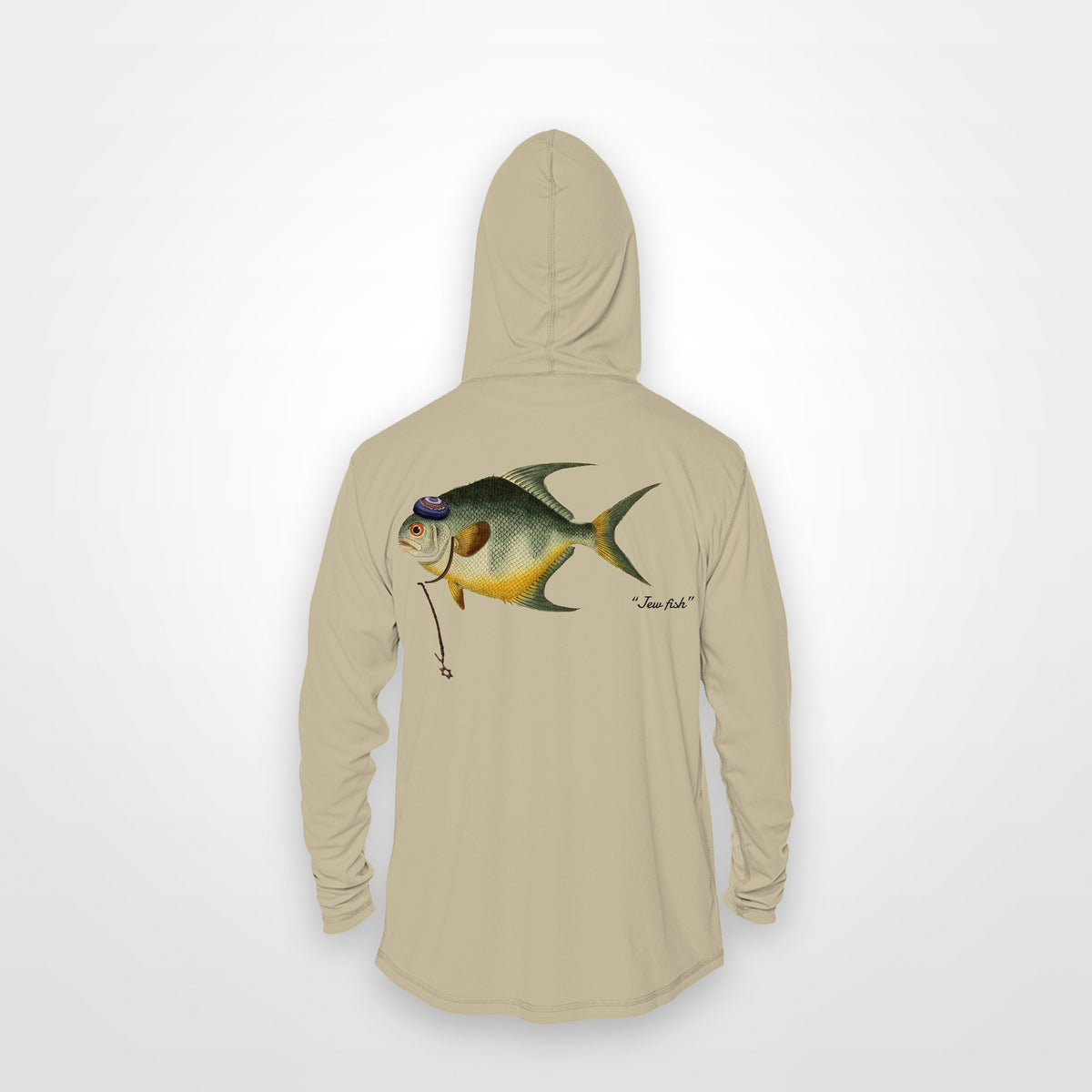 Sand "Jew fish" permit sun hoodie, back view: permit in a kippah and Star of David chain, printed 12 inches wide