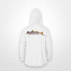 White "Jew fish" speckled trout sun hoodie, back view: speckled trout in a kippah and Star of David chain, printed 12 inches wide