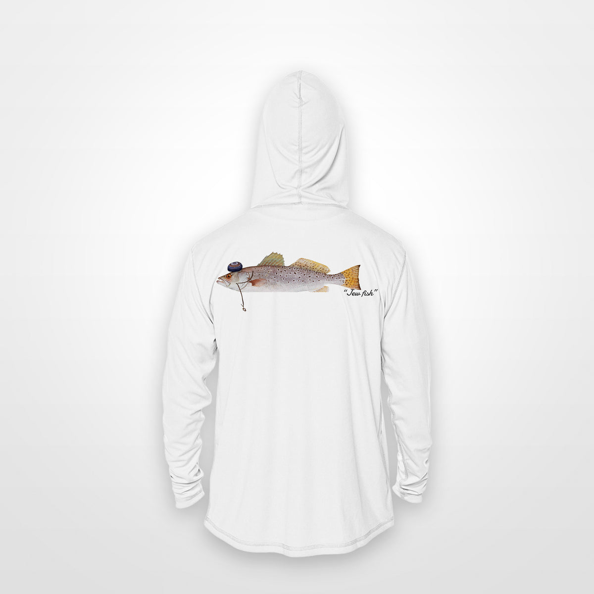 White "Jew fish" speckled trout sun hoodie, back view: speckled trout in a kippah and Star of David chain, printed 12 inches wide