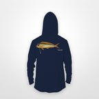 Navy "Jew fish" mahi sun hoodie, back view: mahi in a kippah and Star of David chain, printed 12 inches wide