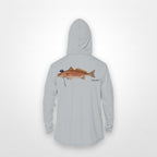 Light Grey "Jew fish" redfish sun hoodie, back view: redfish in a kippah and Star of David chain, printed 12 inches wide
