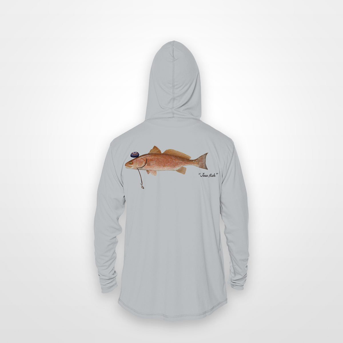 Light Grey "Jew fish" redfish sun hoodie, back view: redfish in a kippah and Star of David chain, printed 12 inches wide