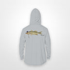 Light Grey "Jew fish" snook sun hoodie, back view: snook in a kippah and Star of David chain, printed 12 inches wide