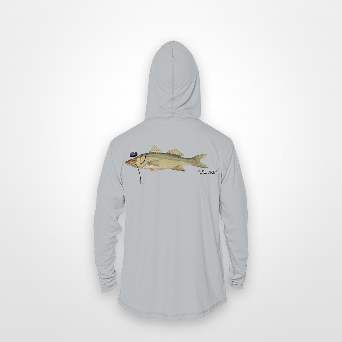 Light Grey "Jew fish" snook sun hoodie, back view: snook in a kippah and Star of David chain, printed 12 inches wide