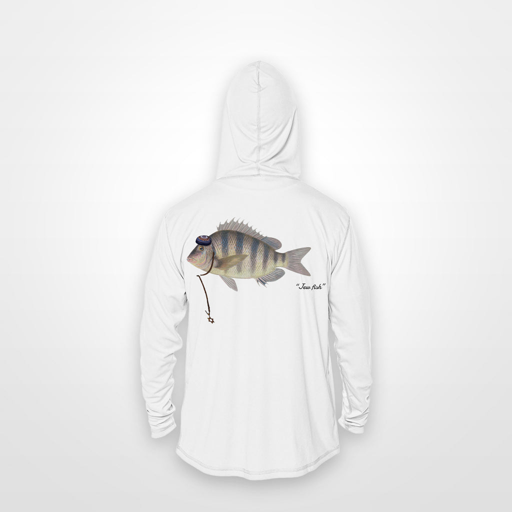 White "Jew fish" sheepshead sun hoodie, back view: sheepshead in a kippah and Star of David chain, printed 12 inches wide