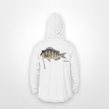 White "Jew fish" sheepshead sun hoodie, back view: sheepshead in a kippah and Star of David chain, printed 12 inches wide