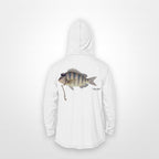 White "Jew fish" sheepshead sun hoodie, back view: sheepshead in a kippah and Star of David chain, printed 12 inches wide
