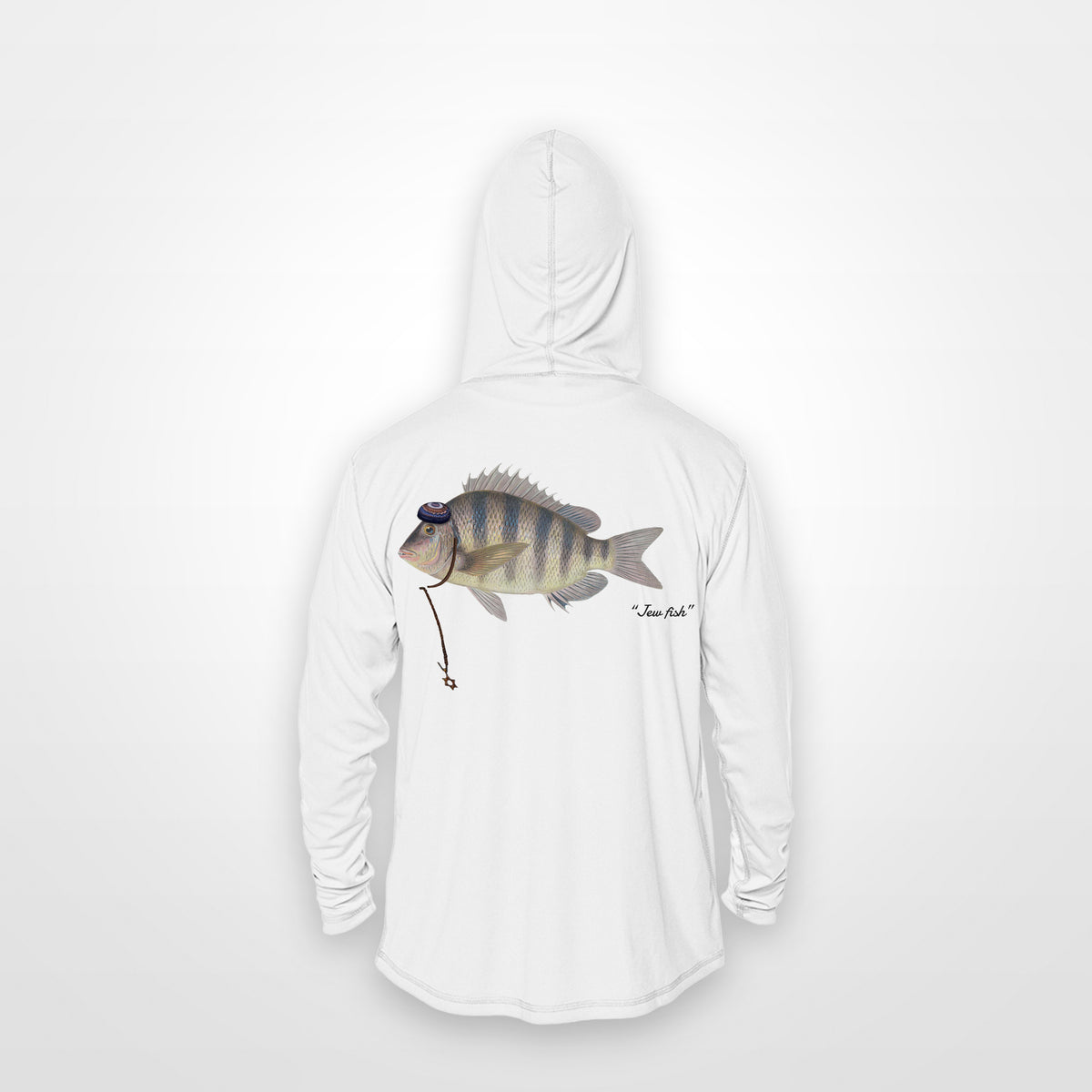 White "Jew fish" sheepshead sun hoodie, back view: sheepshead in a kippah and Star of David chain, printed 12 inches wide