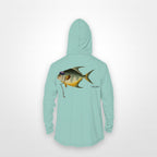 Seafoam "Jew fish" permit sun hoodie, back view: permit in a kippah and Star of David chain, printed 12 inches wide