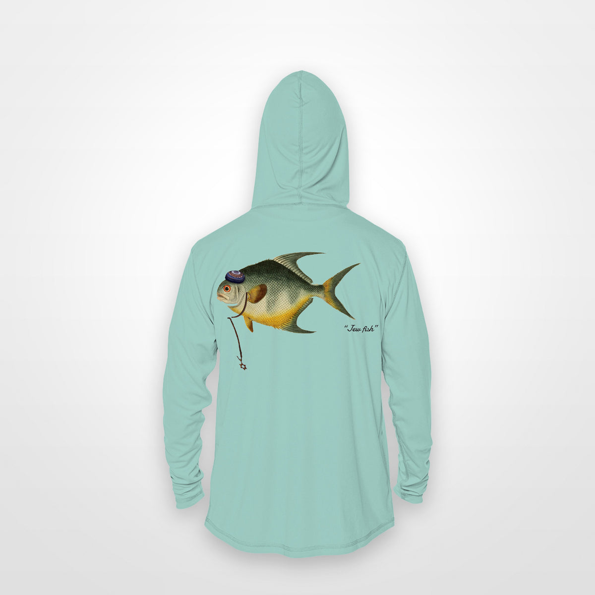 Seafoam "Jew fish" permit sun hoodie, back view: permit in a kippah and Star of David chain, printed 12 inches wide