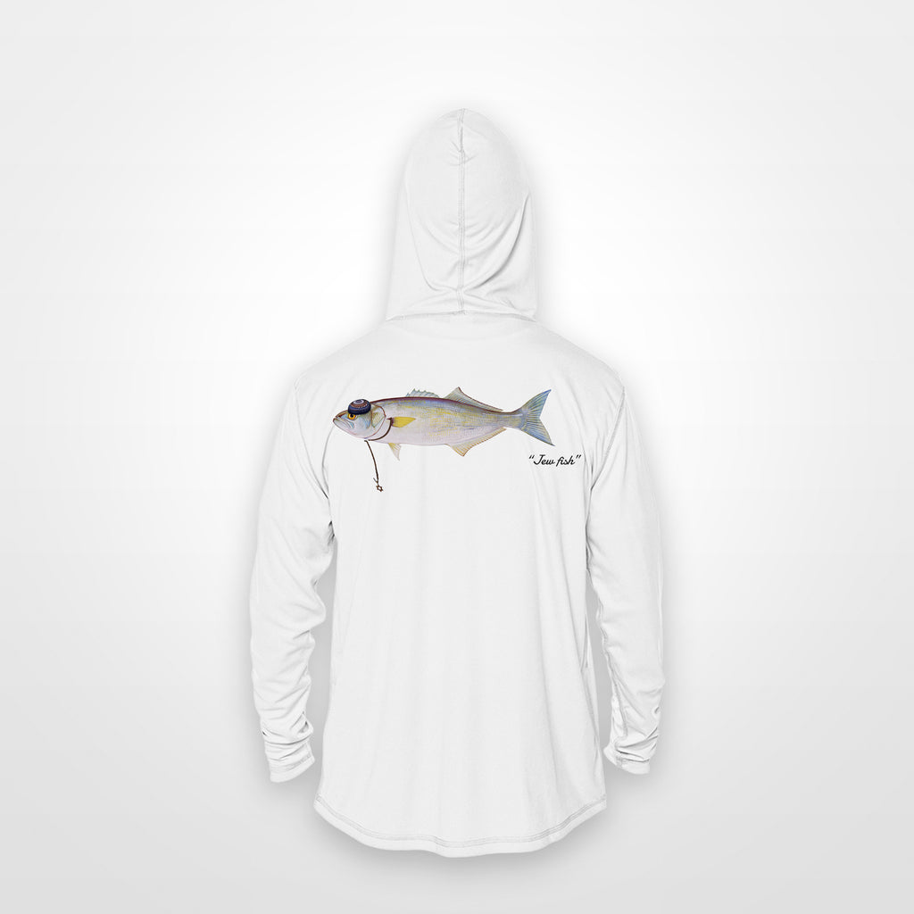 White "Jew fish" bluefish sun hoodie, back view: bluefish in a kippah and Star of David chain, printed 12 inches wide